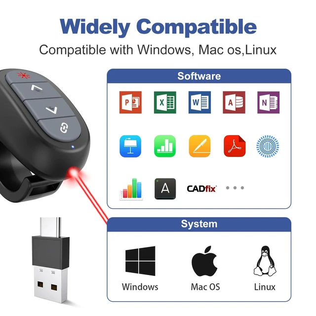 Alt view image 6 of 7 - Finger Ring Presentation Clicker PowerPoint Wireless Presenter with Case | 2in1 USB/Type C Receiver Rechargeable & Red Laser Pointer, for Mac/Windows/Linux, Computer/Laptop, Google Slide/PPT/Keynote