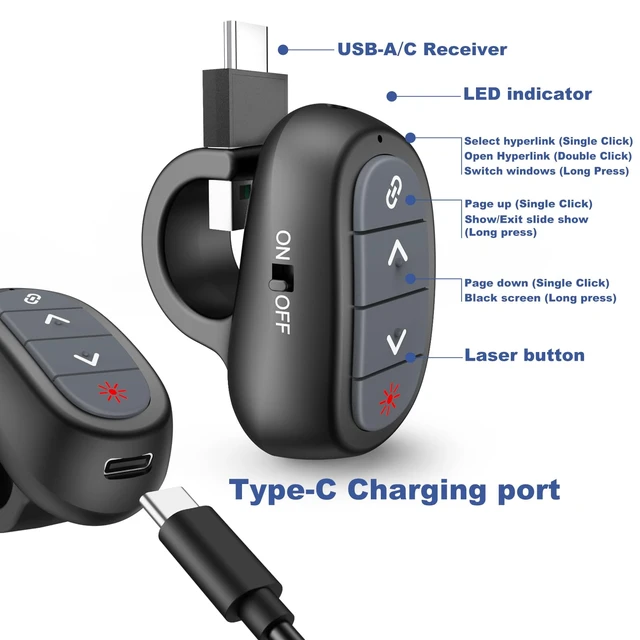 Alt view image 7 of 7 - Finger Ring Presentation Clicker PowerPoint Wireless Presenter with Case | 2in1 USB/Type C Receiver Rechargeable & Red Laser Pointer, for Mac/Windows/Linux, Computer/Laptop, Google Slide/PPT/Keynote
