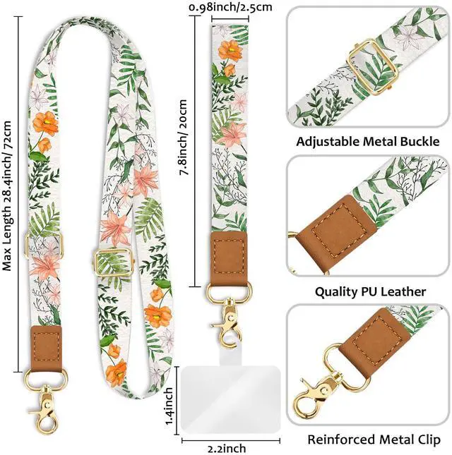 Alt view image 5 of 7 - Phone Lanyard Crossbody Wrist Strap, Flower Cell Phone Lanyards for Around the Neck Wristlet Shoulder, Adjustable Floral Strap for Keys Keychain Case ID Badge with Patches