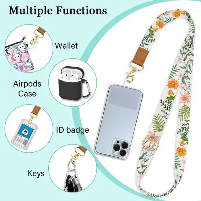 Alt view image 3 of 7 - Phone Lanyard Crossbody Wrist Strap, Flower Cell Phone Lanyards for Around the Neck Wristlet Shoulder, Adjustable Floral Strap for Keys Keychain Case ID Badge with Patches