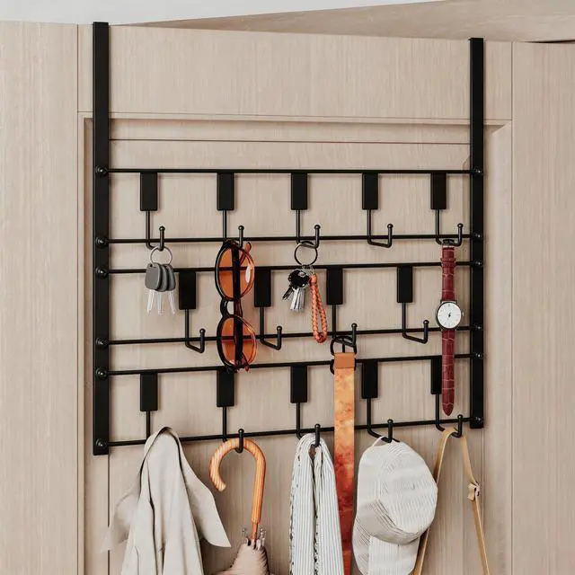 Main image of Over The Door Hooks for Hanging, 14 Hooks Over Door Coat Hanger, Coat Clothing Rack and Towel Rack for Bathroom Organizer, Door Hanger Organizer Kitchen, Bathroom Towel Storage Decor Black