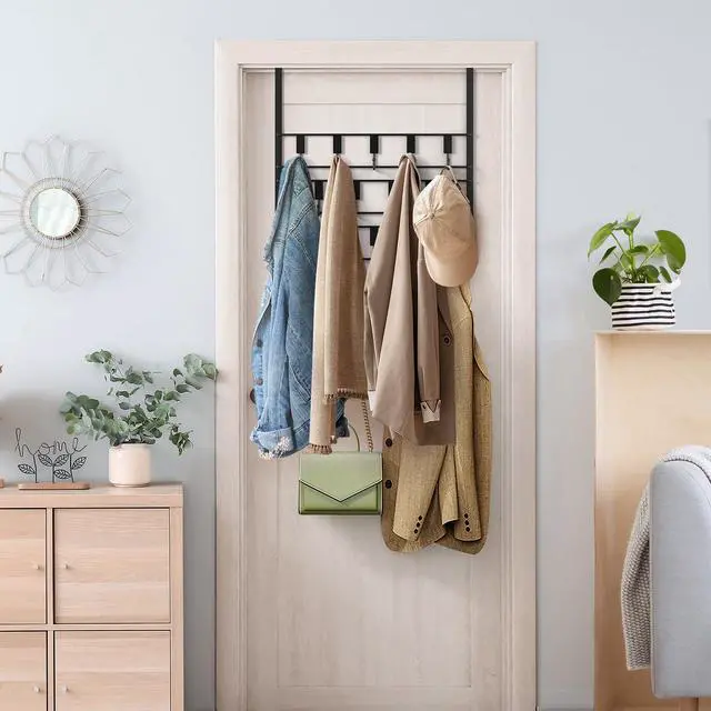 Alt view image 5 of 7 - Over The Door Hooks for Hanging, 14 Hooks Over Door Coat Hanger, Coat Clothing Rack and Towel Rack for Bathroom Organizer, Door Hanger Organizer Kitchen, Bathroom Towel Storage Decor Black