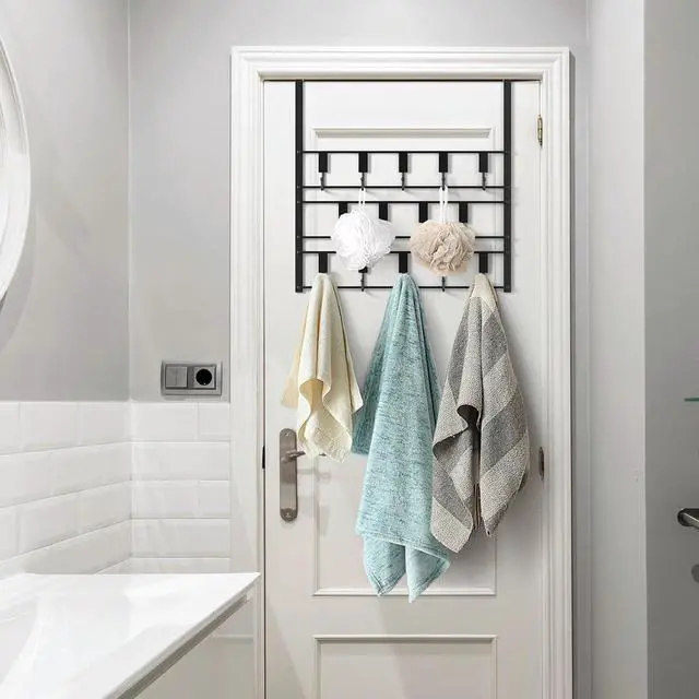 Alt view image 6 of 7 - Over The Door Hooks for Hanging, 14 Hooks Over Door Coat Hanger, Coat Clothing Rack and Towel Rack for Bathroom Organizer, Door Hanger Organizer Kitchen, Bathroom Towel Storage Decor Black