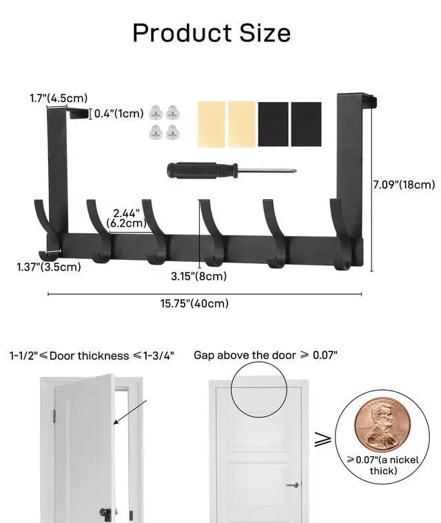 Alt view image 6 of 7 - Over The Door Hooks, Door Hanger Hooks for Hanging, Over The Doors Towel Racks for Bathroom with 12 Coat Hook, Coat Rack Dorm Essentials Bathroom Accessories1 Pack, Black