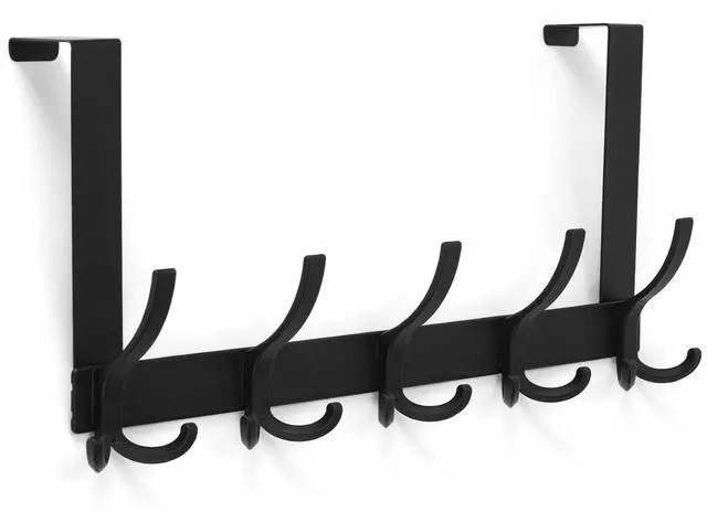 Main image of Over The Door Hooks for Hanging, Over The Door Hanger, Over The Door Towel Rack for Bathroom with 5 Triple Coat Hooks, Bathroom Towel Holder Towels Hanger (Black, 1 Pack)