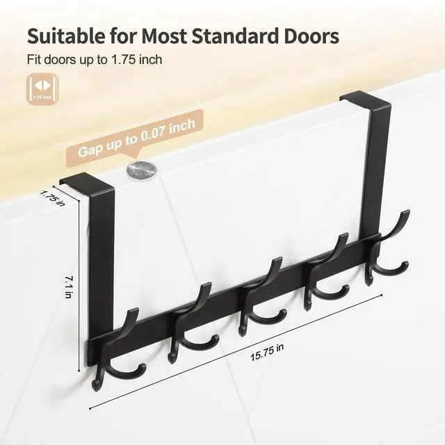 Alt view image 2 of 7 - Over The Door Hooks for Hanging, Over The Door Hanger, Over The Door Towel Rack for Bathroom with 5 Triple Coat Hooks, Bathroom Towel Holder Towels Hanger (Black, 1 Pack)