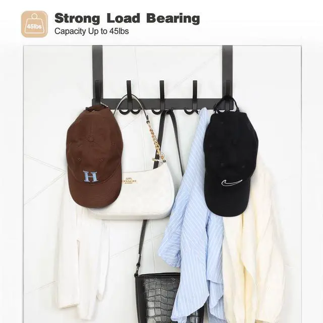 Alt view image 4 of 7 - Over The Door Hooks for Hanging, Over The Door Hanger, Over The Door Towel Rack for Bathroom with 5 Triple Coat Hooks, Bathroom Towel Holder Towels Hanger (Black, 1 Pack)