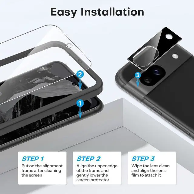 Alt view image 4 of 6 - 3+2 Pack for Google Pixel 8a Screen Protector, 3 Pack Tempered Glass Screen Protector with 2 Pack Camera Lens Protector for Pixel 8A 2024 Released 6.1 inches, Case Friendly/9H Hardness