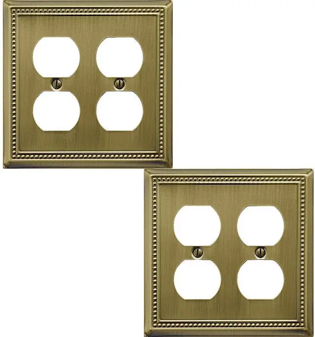 Main image of Double Duplex Outlet Light Switch Cover Belaire Beaded Metal Wall Plate, 2-Pack Antique Brass 2 Gang, for Receptacle Light Switch Cover Decorative Wallplate, Durable
