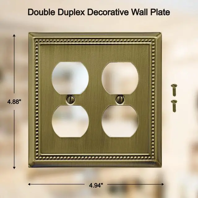 Alt view image 2 of 7 - Double Duplex Outlet Light Switch Cover Belaire Beaded Metal Wall Plate, 2-Pack Antique Brass 2 Gang, for Receptacle Light Switch Cover Decorative Wallplate, Durable