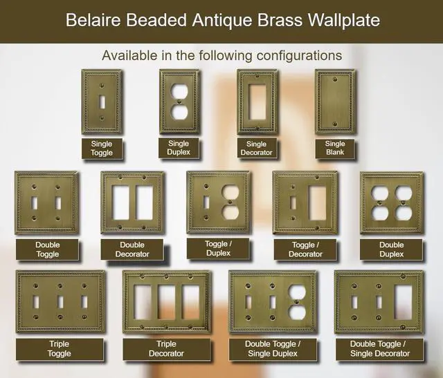 Alt view image 7 of 7 - Double Duplex Outlet Light Switch Cover Belaire Beaded Metal Wall Plate, 2-Pack Antique Brass 2 Gang, for Receptacle Light Switch Cover Decorative Wallplate, Durable