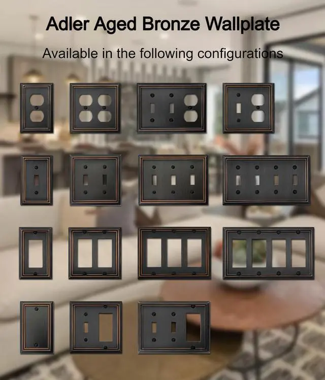 Alt view image 7 of 7 - Double Duplex Outlet Light Switch Cover Adler Metal Wall Plate, 2-Pack Aged Bronze 2 Gang, for Receptacle Light Switch, Switch Cover Decorative Wallplate, Durable