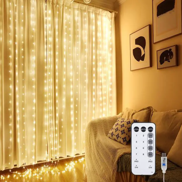 Main image of Fairy Curtain Lights for Bedroom, 9.8x9.8 Ft Fairy Lights Curtain with Remote, 300 LED String Light 8 Flashing Modes USB Plug in for Dorm Backdrop Window Wall Indoor Outdoor (Warm White)