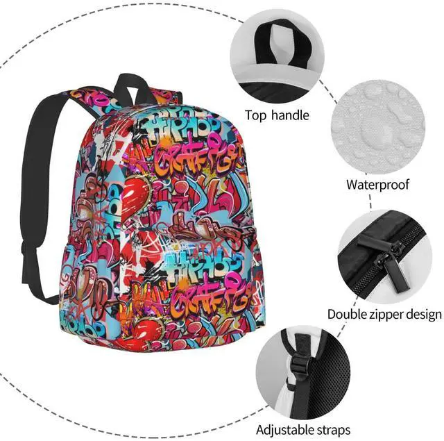 Alt view image 7 of 7 - Daily Backpack Graffiti Wall, Hip Hop Art Backpacks Travel Laptop Daypack 17 inch Bags for Men Women