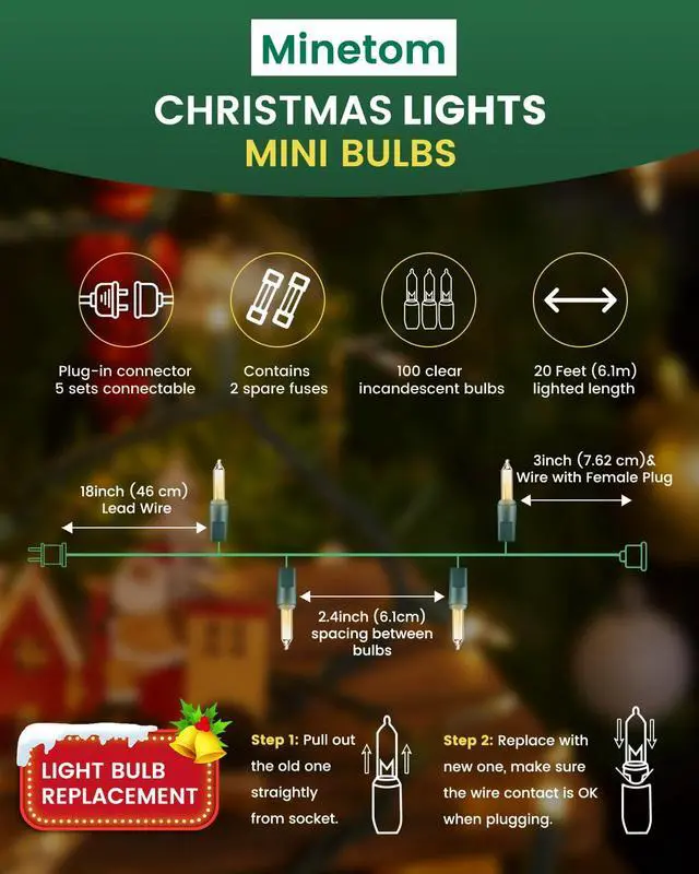 Alt view image 2 of 7 - Clear Christmas String Lights 100 Count 20 Feet Incandescent Bulb Mini Lights for Indoor Xmas Tree Garland Birthday Wedding Party Festival Decoration, Green Wire