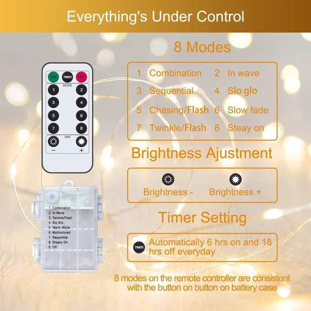 Alt view image 4 of 7 - 2 Pack 33Ft 100 LED Fairy Lights Battery Operated String Lights with Remote Timer, LED Twinkle Lights for Bedroom, Party, Wedding, Centerpiece, Christmas Tree (Warm White)