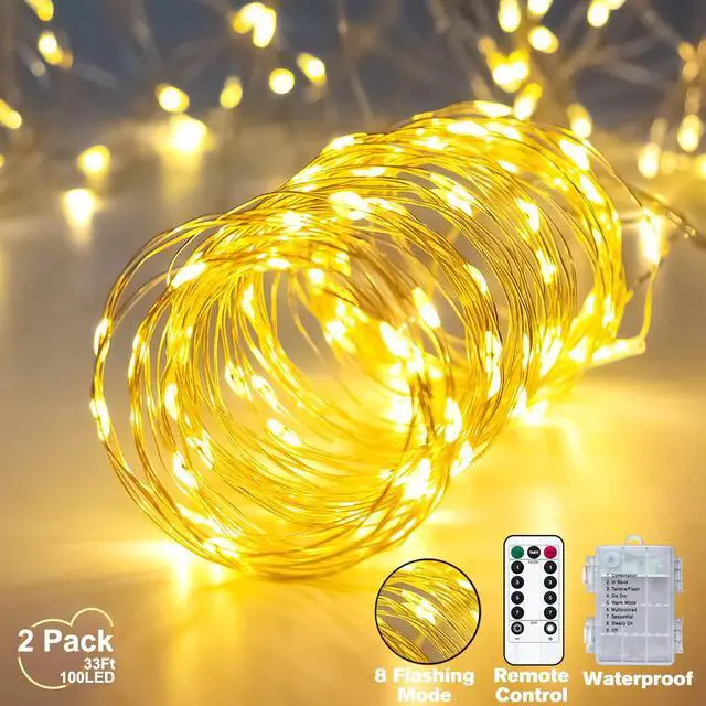 Alt view image 7 of 7 - 2 Pack 33Ft 100 LED Fairy Lights Battery Operated String Lights with Remote Timer, LED Twinkle Lights for Bedroom, Party, Wedding, Centerpiece, Christmas Tree (Warm White)