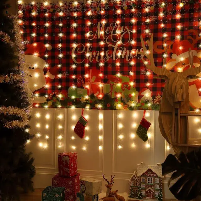 Alt view image 2 of 7 - 1 Pack 195LED Curtain Tapestry Backdrop String Lights, Each 13 Strings 6.6 x 5 ft Tapestry Fairy String Light, 8 Modes Window Wall Hanging Light Strings for Bedroom Christmas Curtain Decor