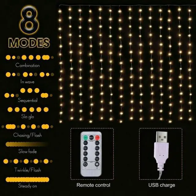Alt view image 3 of 7 - 1 Pack 195LED Curtain Tapestry Backdrop String Lights, Each 13 Strings 6.6 x 5 ft Tapestry Fairy String Light, 8 Modes Window Wall Hanging Light Strings for Bedroom Christmas Curtain Decor