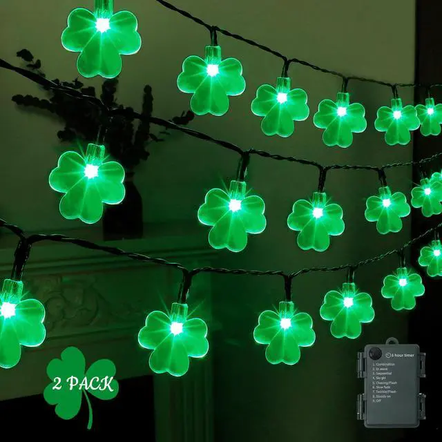 Main image of St. Patricks Day String Lights Outdoor, 50 LED 16 FT Shamrocks Decorative Green Leaf Lights Battery Operated, 8 Lighting Modes & Timer, Waterproof for Home Garden Party Decoration, 2 Pack