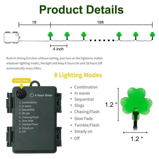 Alt view image 2 of 7 - St. Patricks Day String Lights Outdoor, 50 LED 16 FT Shamrocks Decorative Green Leaf Lights Battery Operated, 8 Lighting Modes & Timer, Waterproof for Home Garden Party Decoration, 2 Pack