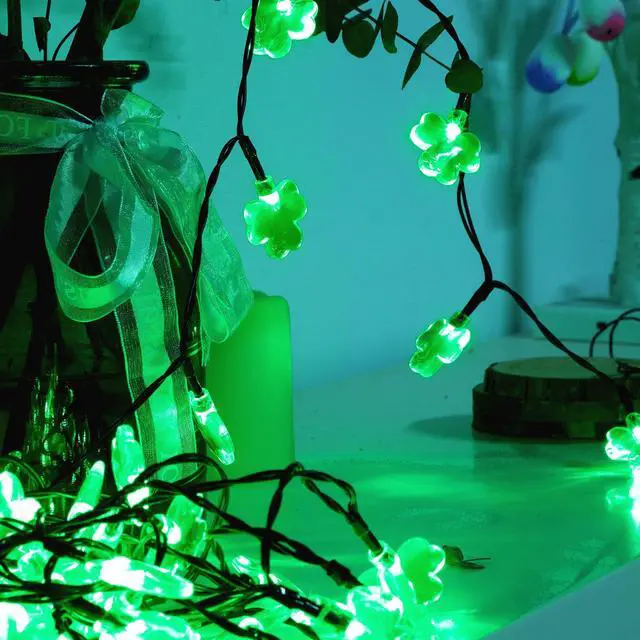 Alt view image 3 of 7 - St. Patricks Day String Lights Outdoor, 50 LED 16 FT Shamrocks Decorative Green Leaf Lights Battery Operated, 8 Lighting Modes & Timer, Waterproof for Home Garden Party Decoration, 2 Pack