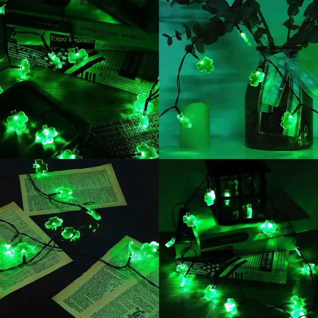 Alt view image 5 of 7 - St. Patricks Day String Lights Outdoor, 50 LED 16 FT Shamrocks Decorative Green Leaf Lights Battery Operated, 8 Lighting Modes & Timer, Waterproof for Home Garden Party Decoration, 2 Pack