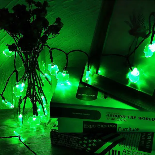 Alt view image 6 of 7 - St. Patricks Day String Lights Outdoor, 50 LED 16 FT Shamrocks Decorative Green Leaf Lights Battery Operated, 8 Lighting Modes & Timer, Waterproof for Home Garden Party Decoration, 2 Pack