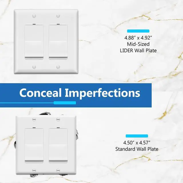Alt view image 2 of 7 - Matte Finish Decorator Switch Cover, Decorator Receptacle Wall Plate, Mid-Size 2-Gang 4.88" x 4.92", Unbreakable Polycarbonate Thermoplastic, UL Listed, LWP-32M-W10P, White, 10 Pack