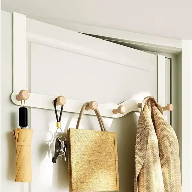 Main image of Over The Door Hooks Hanger for Clothes with 6 Wooden HookOver The Coat Hanger Hanging Coats Towel Rack for Towels, Clothes, Back of Bathroom BedroomOff White (Cream)