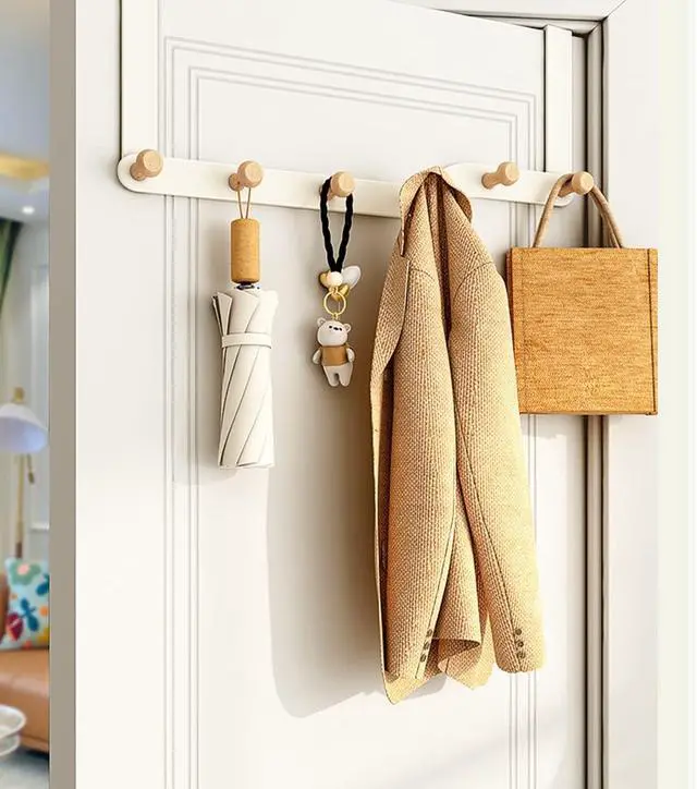 Alt view image 2 of 7 - Over The Door Hooks Hanger for Clothes with 6 Wooden HookOver The Coat Hanger Hanging Coats Towel Rack for Towels, Clothes, Back of Bathroom BedroomOff White (Cream)