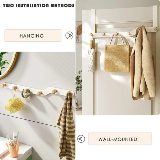 Alt view image 3 of 7 - Over The Door Hooks Hanger for Clothes with 6 Wooden HookOver The Coat Hanger Hanging Coats Towel Rack for Towels, Clothes, Back of Bathroom BedroomOff White (Cream)