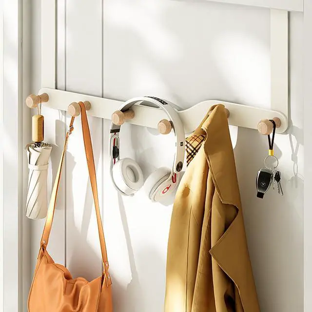 Alt view image 6 of 7 - Over The Door Hooks Hanger for Clothes with 6 Wooden HookOver The Coat Hanger Hanging Coats Towel Rack for Towels, Clothes, Back of Bathroom BedroomOff White (Cream)