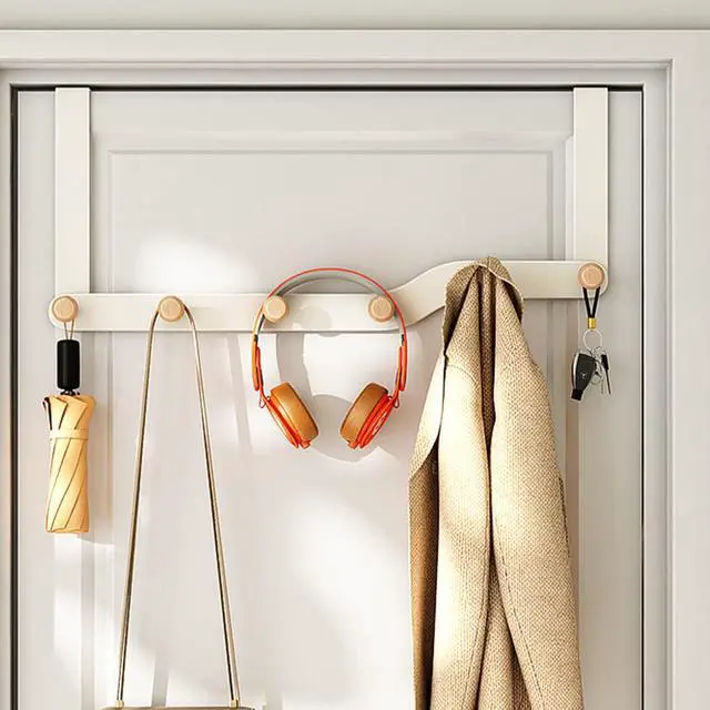 Alt view image 7 of 7 - Over The Door Hooks Hanger for Clothes with 6 Wooden HookOver The Coat Hanger Hanging Coats Towel Rack for Towels, Clothes, Back of Bathroom BedroomOff White (Cream)