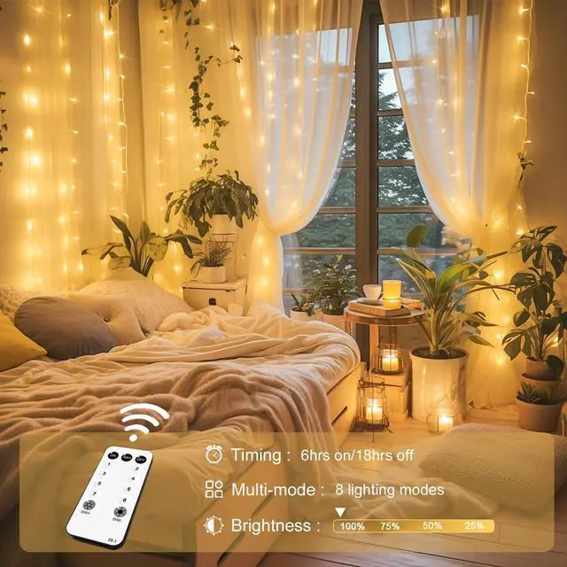 Alt view image 2 of 7 - 300 LED Remote Control Curtain Lights, Plug in Fairy Curtain Lights Outdoor, Window Wall Hanging String Lights for Bedroom Indoor Dorm Backdrop Wedding Party Patio Christmas Decor, Warm White
