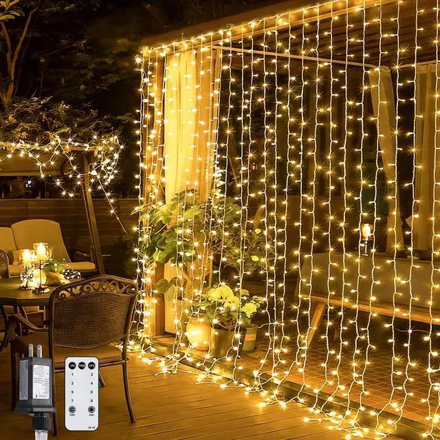 Main image of 300 LED Remote Control Curtain Lights, Plug in Fairy Curtain Lights Outdoor, Window Wall Hanging String Lights for Bedroom Indoor Dorm Backdrop Wedding Party Patio Christmas Decor, Warm White