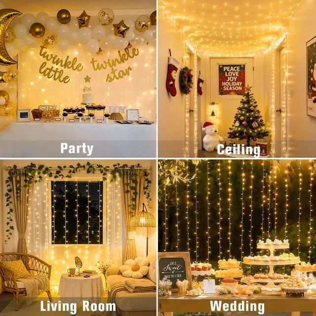 Alt view image 3 of 7 - 300 LED Remote Control Curtain Lights, Plug in Fairy Curtain Lights Outdoor, Window Wall Hanging String Lights for Bedroom Indoor Dorm Backdrop Wedding Party Patio Christmas Decor, Warm White