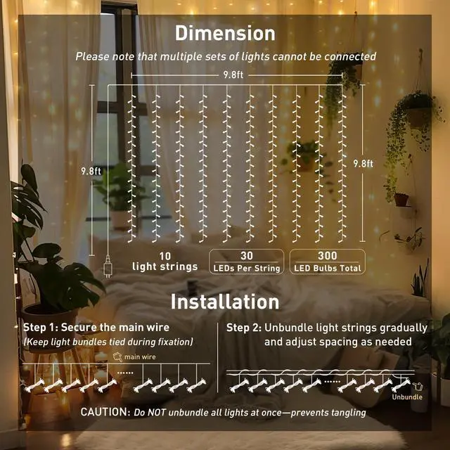 Alt view image 6 of 7 - 300 LED Remote Control Curtain Lights, Plug in Fairy Curtain Lights Outdoor, Window Wall Hanging String Lights for Bedroom Indoor Dorm Backdrop Wedding Party Patio Christmas Decor, Warm White