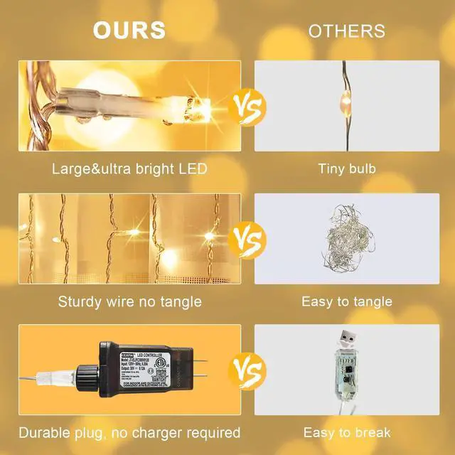 Alt view image 7 of 7 - 300 LED Remote Control Curtain Lights, Plug in Fairy Curtain Lights Outdoor, Window Wall Hanging String Lights for Bedroom Indoor Dorm Backdrop Wedding Party Patio Christmas Decor, Warm White