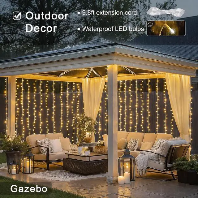 Alt view image 5 of 7 - 300 LED Remote Control Curtain Lights, Plug in Fairy Curtain Lights Outdoor, Window Wall Hanging String Lights for Bedroom Indoor Dorm Backdrop Wedding Party Patio Christmas Decor, Warm White