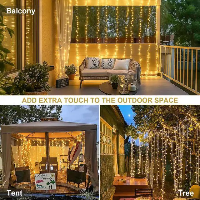 Alt view image 4 of 7 - 300 LED Remote Control Curtain Lights, Plug in Fairy Curtain Lights Outdoor, Window Wall Hanging String Lights for Bedroom Indoor Dorm Backdrop Wedding Party Patio Christmas Decor, Warm White