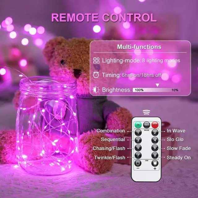 Alt view image 2 of 7 - 2 Pack Pink Fairy Lights Battery Operated, Total 66ft 200 LED Twinkle String Lights with Remote, 8 Modes Valentine Lights for Bedroom Christmas Tree Anniversary Indoor Valentine's Day Decor