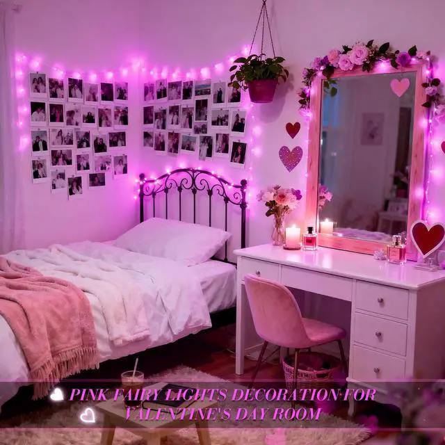 Alt view image 4 of 7 - 2 Pack Pink Fairy Lights Battery Operated, Total 66ft 200 LED Twinkle String Lights with Remote, 8 Modes Valentine Lights for Bedroom Christmas Tree Anniversary Indoor Valentine's Day Decor