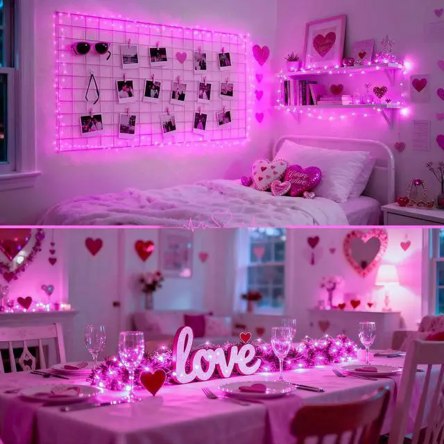 Alt view image 6 of 7 - 2 Pack Pink Fairy Lights Battery Operated, Total 66ft 200 LED Twinkle String Lights with Remote, 8 Modes Valentine Lights for Bedroom Christmas Tree Anniversary Indoor Valentine's Day Decor