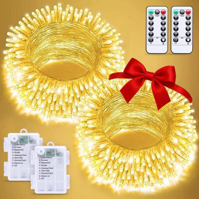 Main image of 2 Pack Outdoor String Lights Battery Operated, Total 66ft 200 LED Fairy Lights with Remote, Warm White Classroom Lights for Bedroom Indoor Christmas Holiday House Tree Porch Party Yard