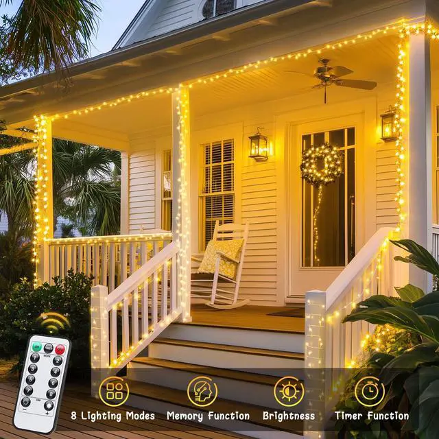 Alt view image 2 of 6 - 2 Pack Outdoor String Lights Battery Operated, Total 66ft 200 LED Fairy Lights with Remote, Warm White Classroom Lights for Bedroom Indoor Christmas Holiday House Tree Porch Party Yard
