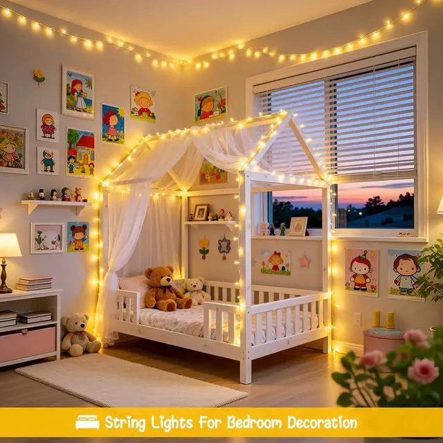 Alt view image 5 of 6 - 2 Pack Outdoor String Lights Battery Operated, Total 66ft 200 LED Fairy Lights with Remote, Warm White Classroom Lights for Bedroom Indoor Christmas Holiday House Tree Porch Party Yard