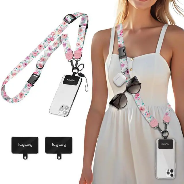 Main image of Phone Lanyard Crossbody, Peony Flower Cell Phone Strap for Around The Neck Adjustable, Anti Theft Cute Lanyard for ID Holder Keys Accessories Travel Essential