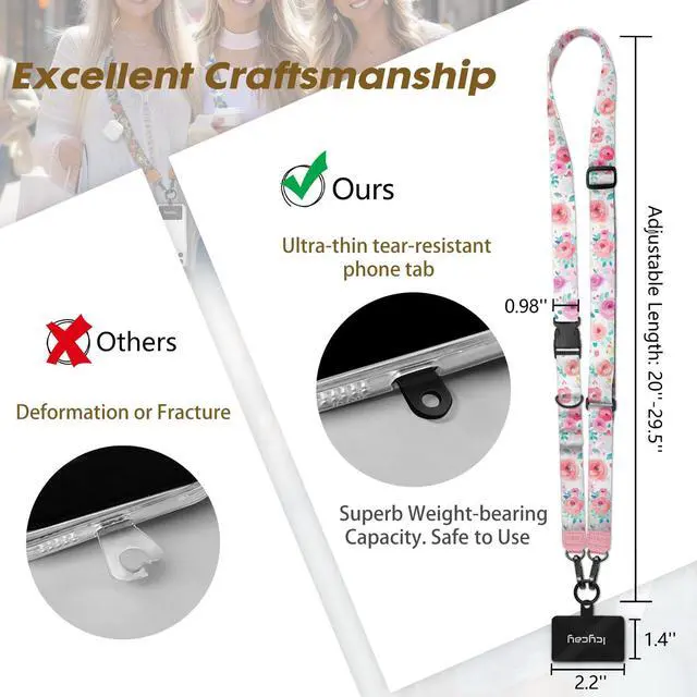 Alt view image 5 of 6 - Phone Lanyard Crossbody, Peony Flower Cell Phone Strap for Around The Neck Adjustable, Anti Theft Cute Lanyard for ID Holder Keys Accessories Travel Essential