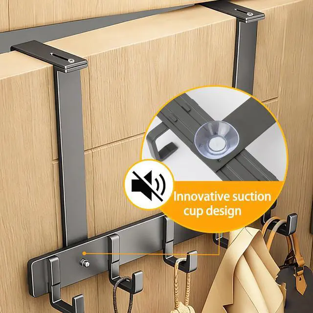 Alt view image 3 of 6 - Adjustable Over The Door Hooks, 5 Hooks Over The Door Organizer with Suction Cup, Towel Racks for Bathroom Fits 1.38~2.56 in Thick Door, for Bedroom Door, Entrance Door - 7.09 in Tall